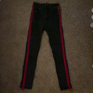 black denim jeans with red velvet stripes on side from zara!